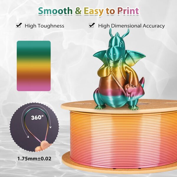 Silk Rainbow PLA Filament 1.75mm Silk PLA 3D Printer Filament Shiny Fast Color Changing Gradient Filament 3D Printing Filament Fit Most FDM Printers, 500g Spool(1.1lbs), Macaron Series - Image 2