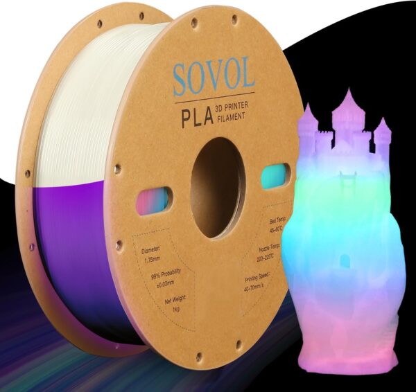Sovol 3D Printer Glow in The Dark Filament Gradient Multicolor Fast Change PLA 1kg (2.2 lbs) Spool 3D Printing Materials, Dimensional Accuracy +/- 0.03 mm, 1.75 mm, Glow Multicolored