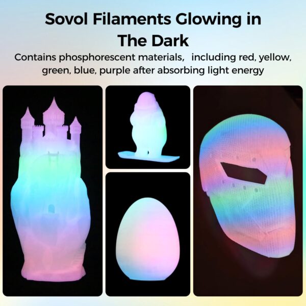 Sovol 3D Printer Glow in The Dark Filament Gradient Multicolor Fast Change PLA 1kg (2.2 lbs) Spool 3D Printing Materials, Dimensional Accuracy +/- 0.03 mm, 1.75 mm, Glow Multicolored - Image 2