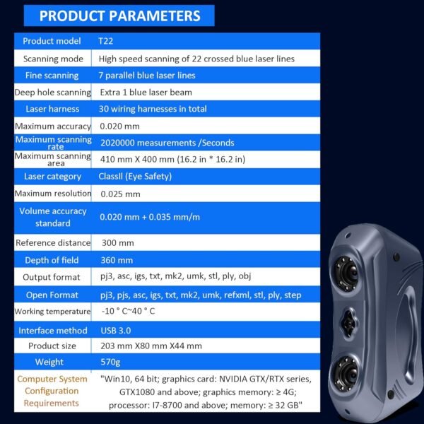 T22 Industrial 3D Scanner for 3D Printing and Modeling, 0.02 mm Accuracy, Portable Handheld Scanners for Automotive Aviation Transportation Mold Inspection Energy Machinery etc - Image 2