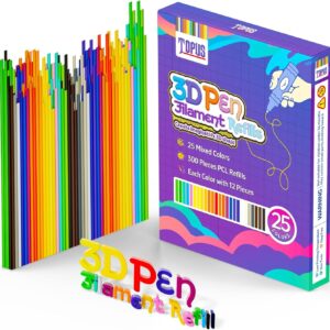 Topus 300Pcs 3D Pen Filament Refills Compatible with 3Doodler Start+ Pen, 25 Colors 3D Filament Bundle, 3D Pen Refill Sticks with 15cm x 12Pcs Per Color, Low Print Temperature PCL Filament 2.5mm Thick