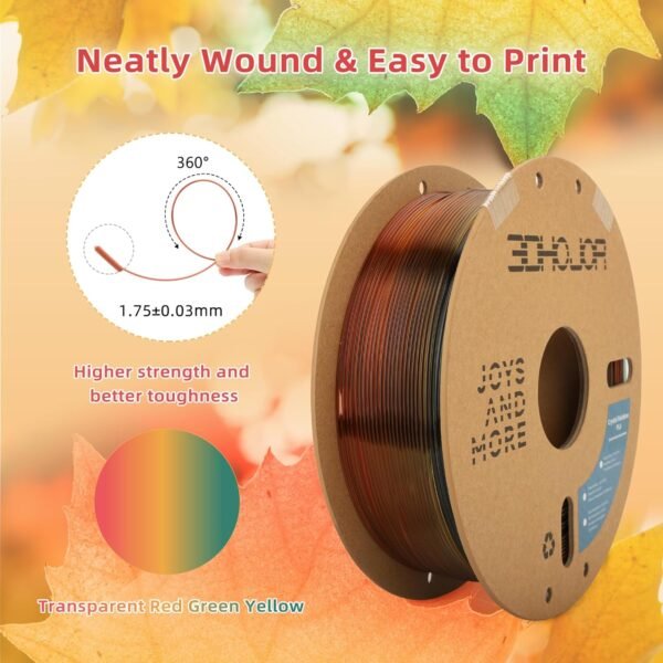 Transparent Multi Rainbow Color Gradient Change PLA 1.75mm 1KG 3D Printing Filament Crystal Rainbow PLA Clear PLA Filament with Cardboard Spool-Maple Leaf - Image 2