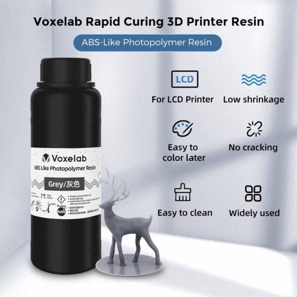 VOXELAB ABS-Like 3D Printer Rapid Resin 405nm LCD UV-Curing Resin Standard Photopolymer Resin for LCD 3D Printing – 500g (Grey) - Image 2