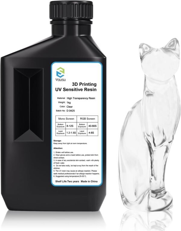 YOUSU High Transparency 3D Printer Resin, Non-Yellowing High Resolution 3D Printing Resin, Ultra-Clear 1000g