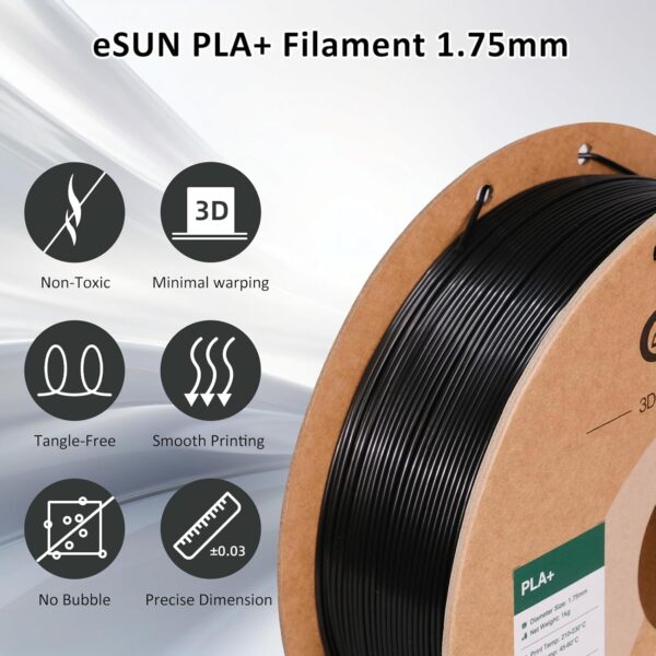 eSUN PLA+ Filament 1.75mm Black 1KG, 3D Printer Filament Dimensional Accuracy +/- 0.03mm, 1kg Cardboard Spool(2.2lbs) 3D Printing Filament, Fits for Most FDM 3D Printers - Image 2