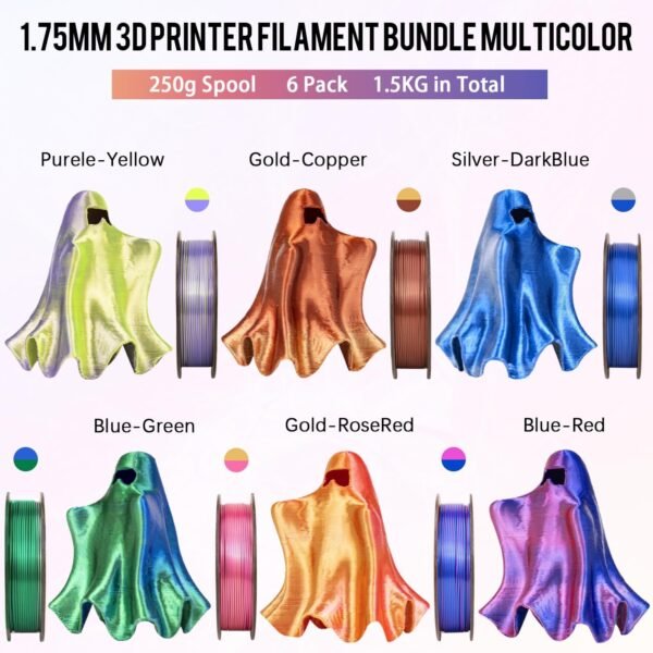 Dynta 3D Printer Filament Silk PLA 1.75mm Dual Color - 6 x 250g Spools Shiny Filament for Most FDM 3D Printer, Easy Printing, Art & Models - Gold/Copper, Blue/Green, Gold/Rose + More? - Image 7
