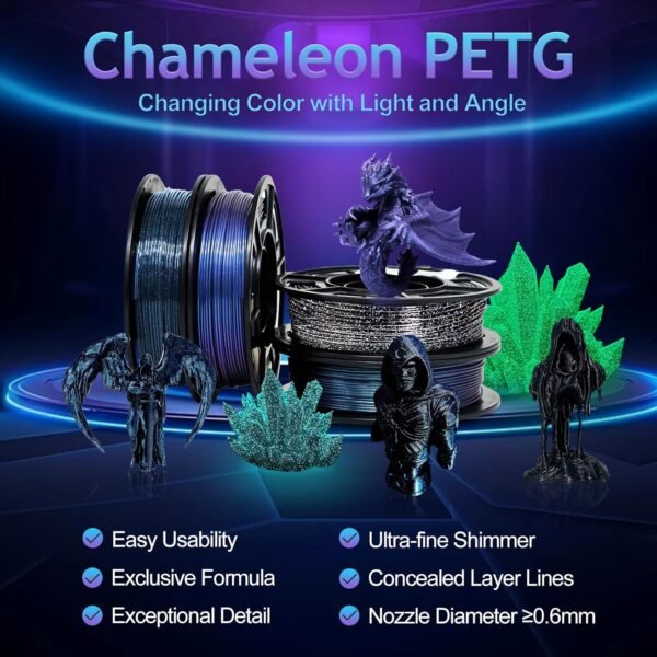YOUSU 3D Printer Filament Galaxy PETG Filament 1.75mm +/- 0.02mm,Glow in The Dark Laser Chameleon Series 3D Printing Filament Bundle,Multi Color Filament 250g X 4 Color Pack - Image 5