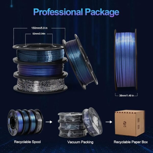 YOUSU 3D Printer Filament Galaxy PETG Filament 1.75mm +/- 0.02mm,Glow in The Dark Laser Chameleon Series 3D Printing Filament Bundle,Multi Color Filament 250g X 4 Color Pack - Image 6