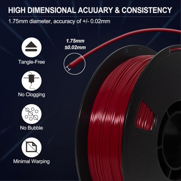 PLA Filament 1.75mm Ruby Red 1KG, Clog-Free 3D Printer Filament Dimensional Accuracy +/- 0.02mm, High Speed Printing 1kg Spool(2.2lbs) 3D Printing Filament Fits for Most FDM 3D Printers - Image 4