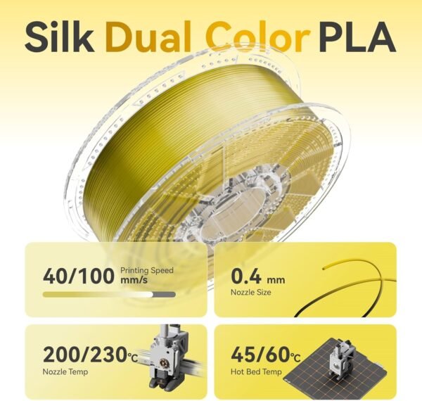 Chitu Systems Conjure Silk PLA 3D Printer Filament, 2KG Spool (4.4lbs), 1.75mm Dual Color Filament, Dimensional Accuracy +/-0.02mm, Silk 3D Printing Filament Bundle, (Black Gold 2-Pack) - Image 3