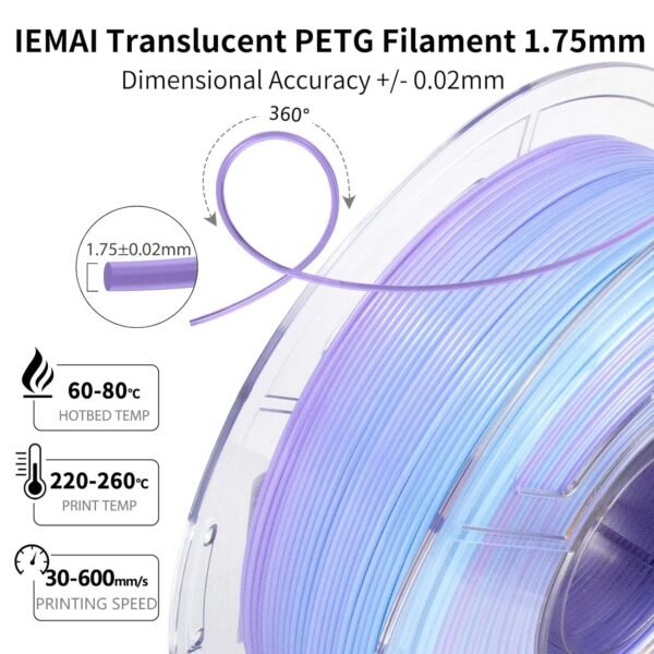 IEMAI PETG Filament 1.75mm, Translucent Dual Color Gradient Blue to Purple, High-Speed 3D Printer Filament Up to 600mm/s, 1kg Spool for Artistic Creations & Home Decor - Image 5