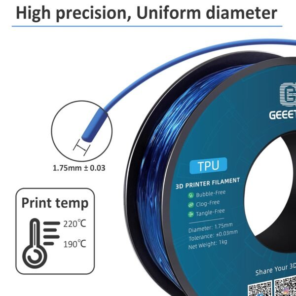 Geeetech TPU Filament 1.75mm, Shore 95A Flexible 3D Printer Filament with High Elasticity, 1KG (2.2lbs) Spool, Dimensional Accuracy ±0.03mm, Fits Most FDM Printers, Clear Blue - Image 4