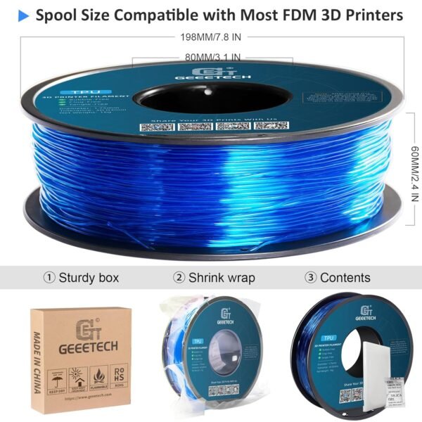 Geeetech TPU Filament 1.75mm, Shore 95A Flexible 3D Printer Filament with High Elasticity, 1KG (2.2lbs) Spool, Dimensional Accuracy ±0.03mm, Fits Most FDM Printers, Clear Blue - Image 7