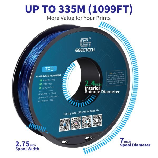 Geeetech TPU Filament 1.75mm, Shore 95A Flexible 3D Printer Filament with High Elasticity, 1KG (2.2lbs) Spool, Dimensional Accuracy ±0.03mm, Fits Most FDM Printers, Clear Blue - Image 8