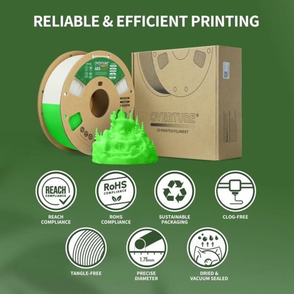 OVERTURE ABS Filament 1.75mm, High Strength & Heat-Resistant 3D Printer Filament, Low Warping, Excellent Durability, ABS 1kg (2.2lbs) Cardboard Spool, High Precision +/- 0.02mm (Glow Green) - Image 6