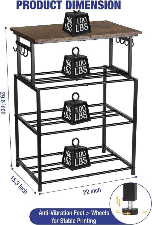 4-Tier 3D Printer Table with Filament Storage, Heavy-Duty Steel Frame and Wood Top, Adjustable Feet for Stability, Perfect Printer Desk & 3D Printing Accessories for Workshop Studio Office - Image 5