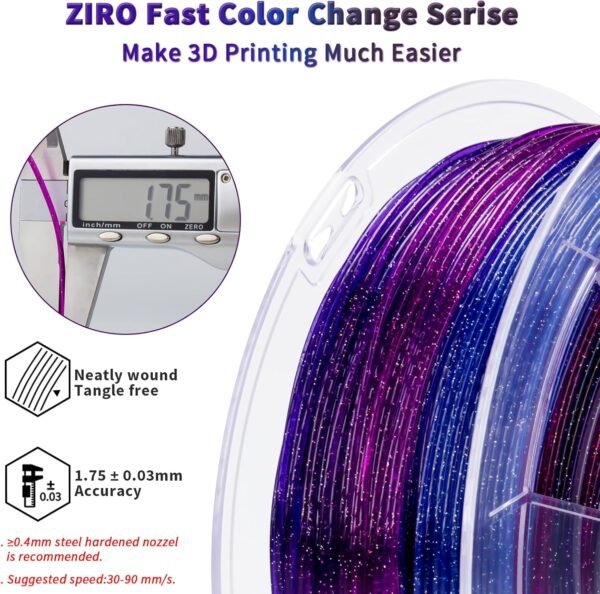 ZIRO Fast Color Changing Twinkling PLA, 1.75mm Filament, Sparkle Glitter with Colorful Transluent PLA, 3D Printing Material,1kg Spool, Dimensional Accuracy +/-0.03mm, Galaxy - Image 4