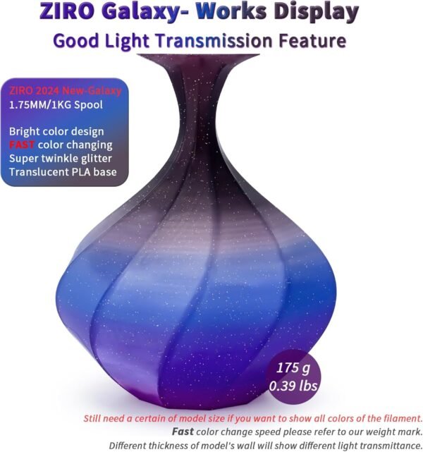 ZIRO Fast Color Changing Twinkling PLA, 1.75mm Filament, Sparkle Glitter with Colorful Transluent PLA, 3D Printing Material,1kg Spool, Dimensional Accuracy +/-0.03mm, Galaxy - Image 8
