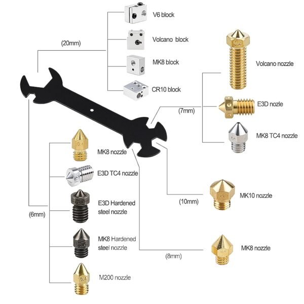 6mm 7mm L-Shaped Hexagonal Wrench Tool & 5 in 1 Multi-Function Wrench for Fixed Mk8 Ender 3 Brass Nozzle Included Copper Wire Toothbrush 3D Printer Accessories (5 Tools) - Image 5