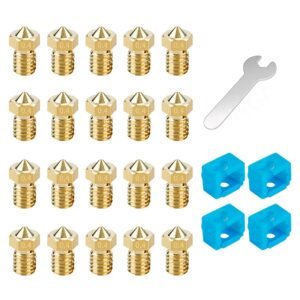 20pcs 0.4mm Brass Nozzles 3D Printer Extruder Accessory Kit for V6 Hotend, Including 4pcs Silicone Socks Cover Heat Resistant & Wrench * 1 Install Tool, Fits for i3 MK3/MK3S, Anet A8 Printers
