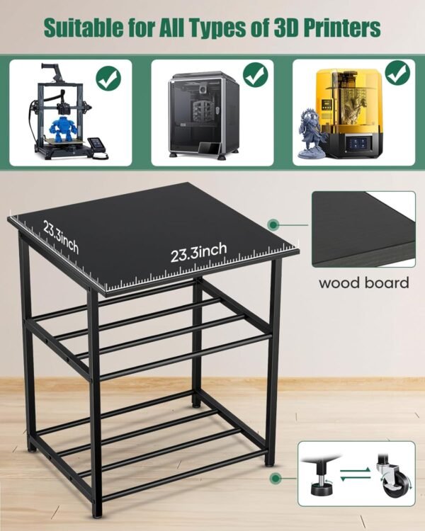 3D Printer Stand with Filaments Storage - 3D Printer Table Filament Storage Rack Heavy Duty 3D Cart Desk with Wheels for Workshop Studio Office (Black) - Image 2