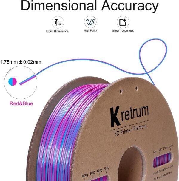 Dual Color Silk PLA 3D Printer Filament 1.75mm Silk PLA Color Changing 3D Printing Filament 1kg / 2.2lbs Purple & Blue - Image 2