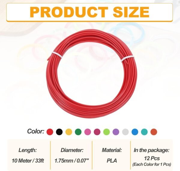MECCANIXITY 12 Pcs 3D Pen Filament, 1.75mm Dia 33ft Length PLA 3D Printing Pen Filament Refills for 1.75mm 3D Printing Pen, 12 Colors - Image 2