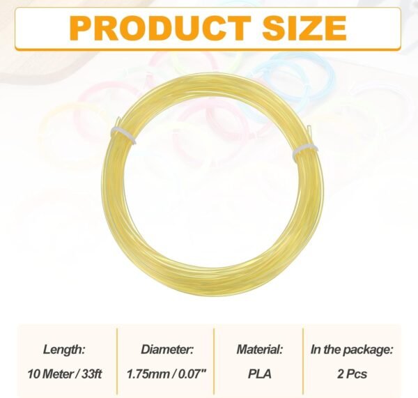 MECCANIXITY 2 Pcs 3D Pen Filament, 1.75mm Dia 33ft Length PLA 3D Printing Pen Filament Refills for 1.75mm 3D Printing Pen, Clear Yellow - Image 2