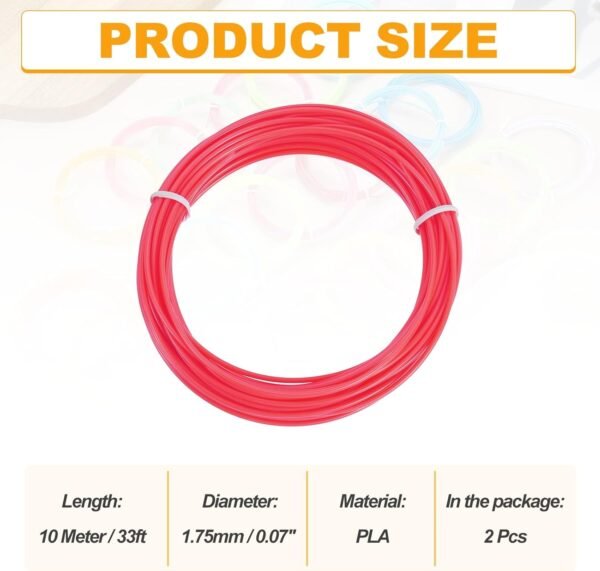 MECCANIXITY 2 Pcs 3D Pen Filament, 1.75mm Dia 33ft Length PLA 3D Printing Pen Filament Refills for 1.75mm 3D Printing Pen, Fluorescent Red - Image 2