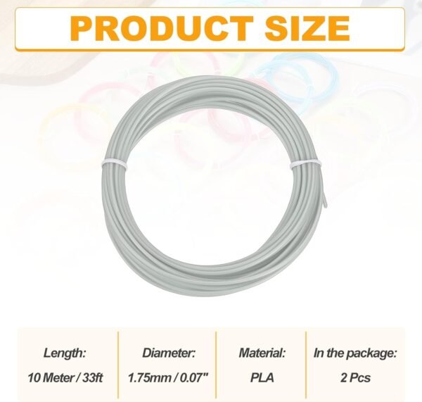 MECCANIXITY 2 Pcs 3D Pen Filament, 1.75mm Dia 33ft Length PLA 3D Printing Pen Filament Refills for 1.75mm 3D Printing Pen, Grey - Image 2