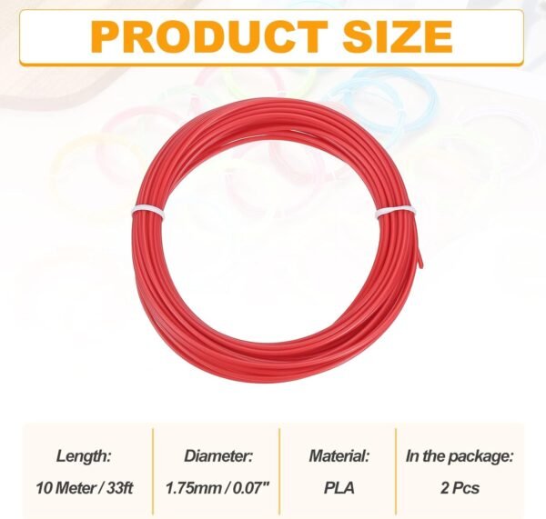 MECCANIXITY 2 Pcs 3D Pen Filament, 1.75mm Dia 33ft Length PLA 3D Printing Pen Filament Refills for 1.75mm 3D Printing Pen, Red - Image 2