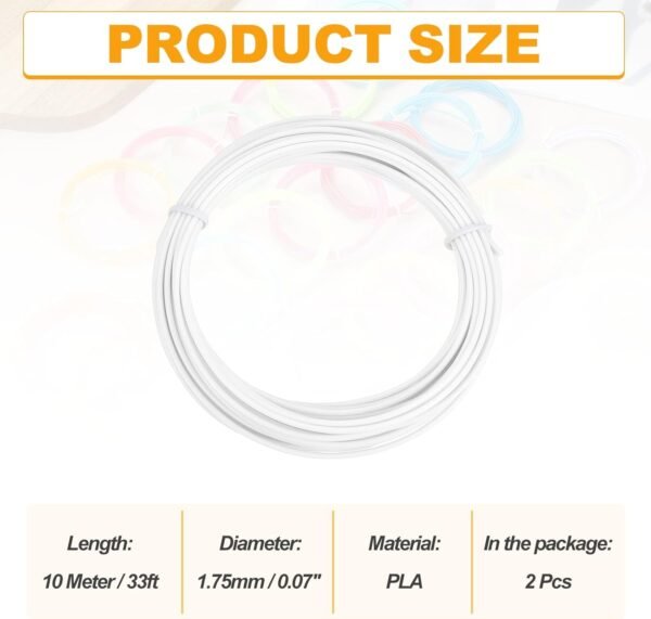 MECCANIXITY 2 Pcs 3D Pen Filament, 1.75mm Dia 33ft Length PLA 3D Printing Pen Filament Refills for 1.75mm 3D Printing Pen, White - Image 2