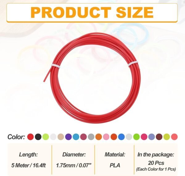 MECCANIXITY 20 Pcs 3D Pen Filament, 1.75mm Dia 16.4ft Length PLA 3D Printing Pen Filament Refills for 1.75mm 3D Printing Pen, 20 Colors - Image 2