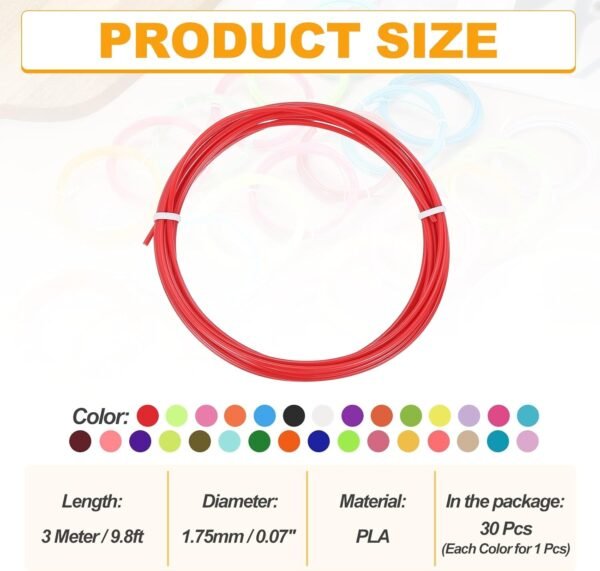 MECCANIXITY 30 Pcs 3D Pen Filament, 1.75mm Dia 9.8ft Length PLA 3D Printing Pen Filament Refills for 1.75mm 3D Printing Pen, 30 Colors - Image 2