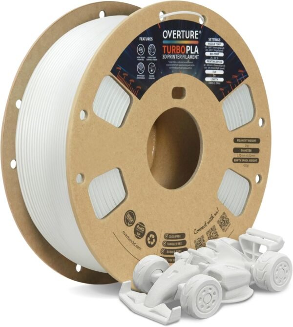 OVERTURE Turbo PLA Filament 1.75mm Rapid PLA Filament High Speed 600mm/s, 1KG Cardboard Spool (2.2lbs), Dimensional Accuracy +/- 0.02mm, Fit Most FDM Printer(Plaster White)