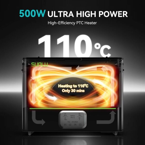 SUNLU Official 3D Printer Filament Dryer E2, 110℃ Max Temperature, 500W PTC Heater, Dry and Anneal 2-in-1, Dual-Chamber, Designed for Engineering Filaments, PC PA-CF FR-ABS Filament Dryer Box (Black) - Image 2