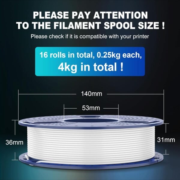 SUNLU PLA Filament 16 Color Bundle Multicolor, PLA 3D Printer Filament 1.75mm, Individually Vacuum Packed, 0.25kg per Spool, 4kg in Total, 16 Pack. (12 Regular Solid Color and 4 Transparent Color) - Image 2