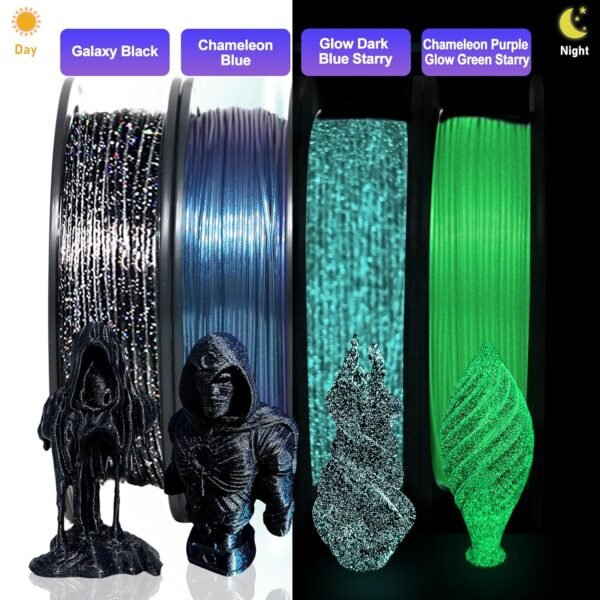 YOUSU 3D Printer Filament Galaxy PETG Filament 1.75mm +/- 0.02mm,Glow in The Dark Laser Chameleon Series 3D Printing Filament Bundle,Multi Color Filament 250g X 4 Color Pack - Image 2